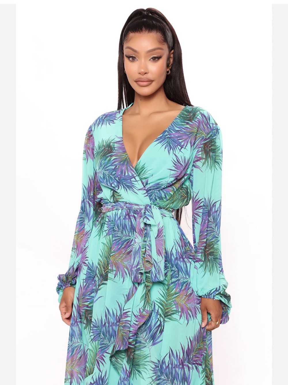 Fashion Nova Teal Tropical Print Midi Dress - Picture 2 of 12